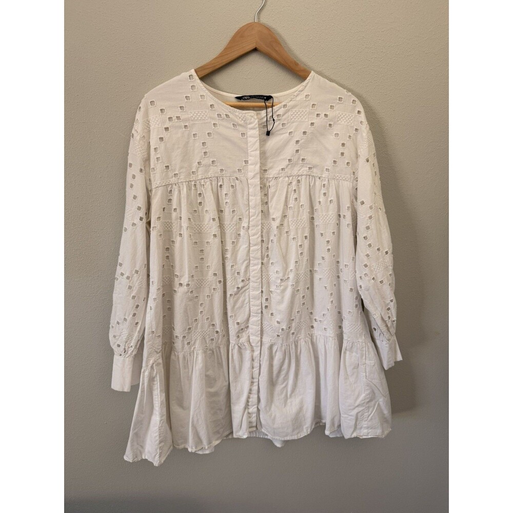 Zara Eyelet lace Button Front Tunic Top mini dress Cotton Long Sleeve peplum hem